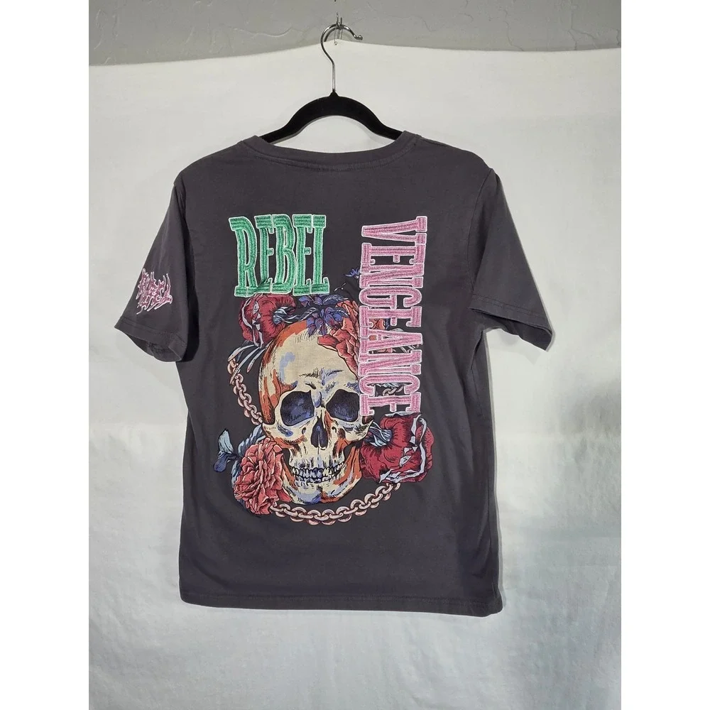 Unisex Rebel Vengeance Skull Floral Graphic T-Shirt M Charcoal Grey Embroidered